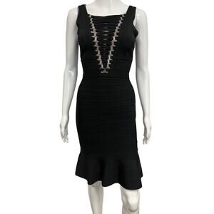 HERVE LEGER Black Stretch Klara Bandage Knee Length Sleeveless Dress XS